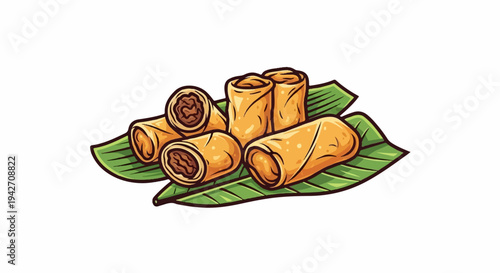 Golden spring rolls nestled on vibrant green banana leaves, a delicious snack