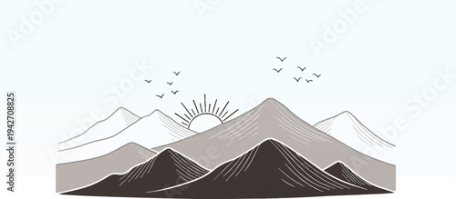 Minimalist sunrise over layered mountains with birds in the sky