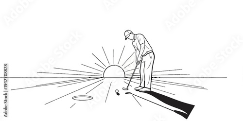 Golfer putting on a course with a sunburst sunrise background