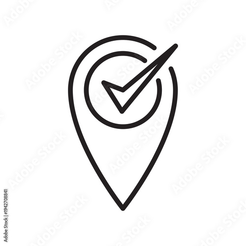 Minimal verified location line icon featuring a map pin with check mark representing approved destinations, confirmed places and validated positions