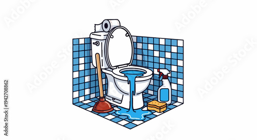 Overflowing toilet with plunger, spray cleaner, sponge, and toilet paper roll