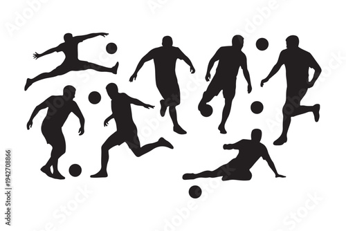 Dynamic black silhouettes of rugby players running kicking and passing with oval shaped balls