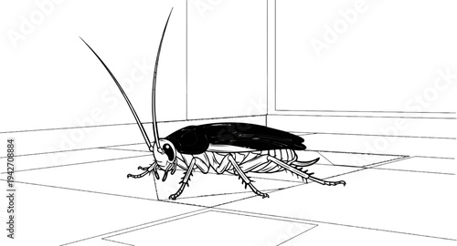 Line art of a cockroach with black wings on a tiled floor