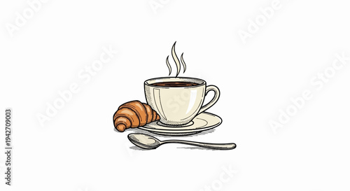 Hand-drawn steaming coffee cup with croissant and spoon