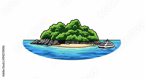 Lush island with sandy beach, pier, and a boat sailing in blue waters