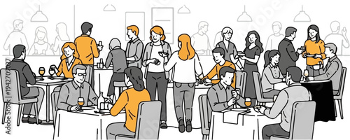 Lively restaurant scene with diverse people dining and socializing indoors