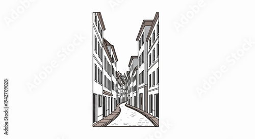 Narrow European street lined with white buildings and cobblestone pavement