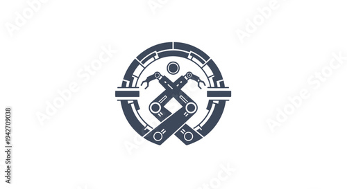 Robotic Arms Crossed Inside Circular Emblem.