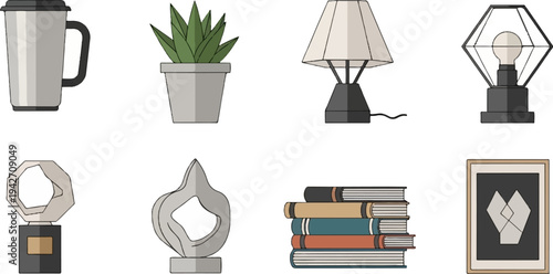 A collection of decorative objects including a mug, plant, lamps, sculptures, books, and art