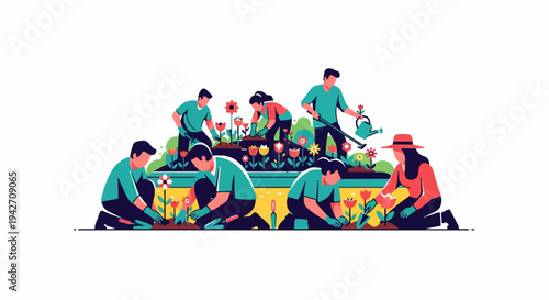 Diverse individuals tending to a vibrant garden of blooming flowers and plants