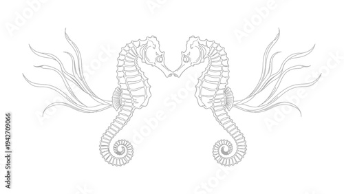 Elegant Seahorse Embrace: Two delicate seahorses, their forms interwoven, share an intimate moment amidst flowing aquatic plants, their silhouettes rendered in graceful lines.