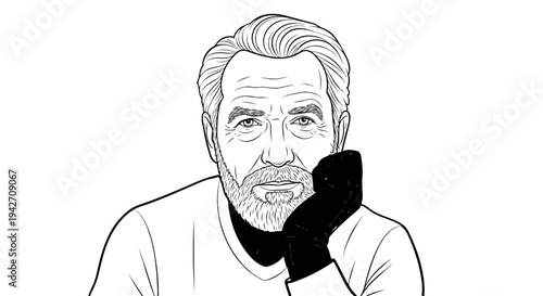 Line drawing of a thoughtful man with beard, resting chin on hand