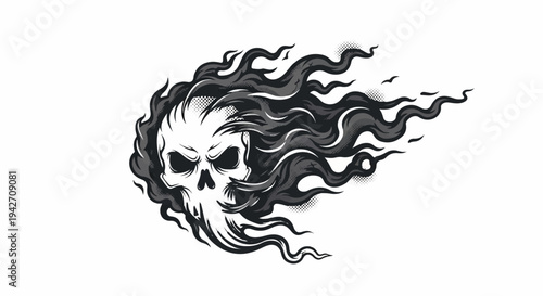 Eerie skull engulfed in wisps of dark, swirling smoke
