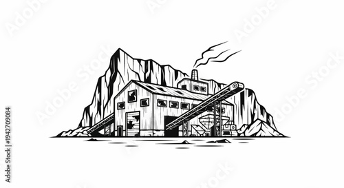 Industrial building against rocky backdrop with conveyor belts and smoke