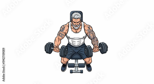 Muscular elderly man with tattoos lifts weights on a bench
