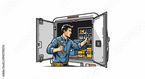 Mechanic selects tools from open service vehicle interior, organized storage