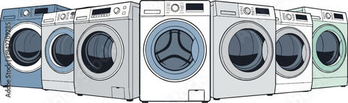 Multiple washing machines are displayed in a colorful row with different colors