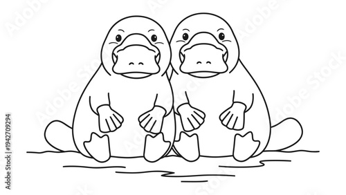 Platypus Duo: An adorable line art illustration showcases two platypuses, each with distinctive beaks, exuding a sense of friendly connection and playful charm. 