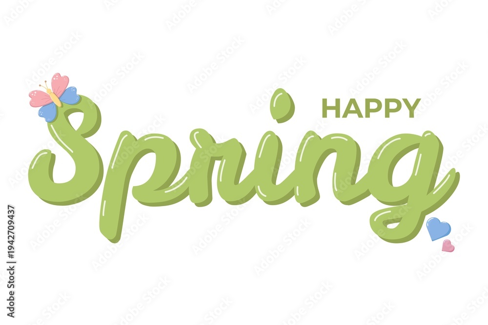 Fototapeta premium Cheerful spring design with green glossy text HAPPY Spring, decorated with butterfly perched on the letter S and colorful hearts, festive seasonal illustration for greetings and decorations