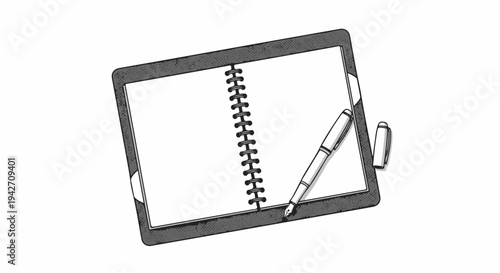 Open notebook with spiral binding and a fountain pen beside it