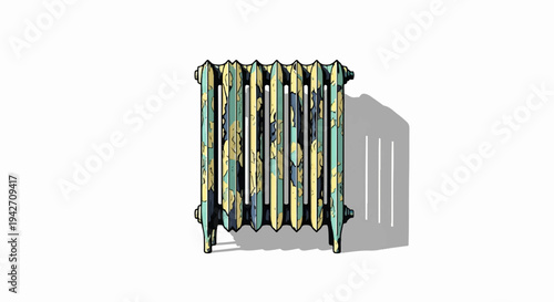 Old, ornate radiator with a patterned, distressed paint finish