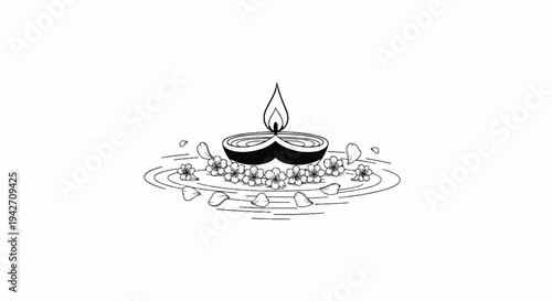 Oil lamp with flame, surrounded by flowers and petals on rippling water