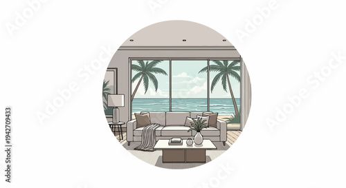 Interior view of a living room with a sofa facing a panoramic window showing a tropical beach