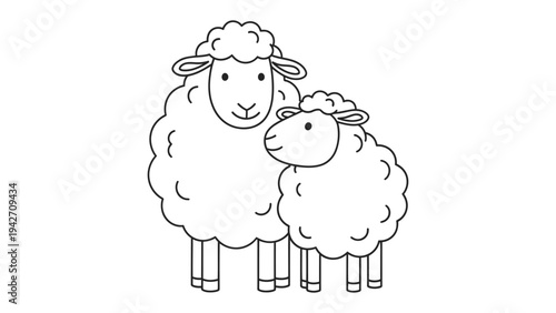 Illustration of Sheep Duo: Simple black and white outline illustration of an adult sheep and a lamb, standing side-by-side, showcasing the bond between mother and child.