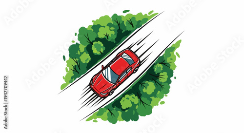 Red car speeds down a road through green trees