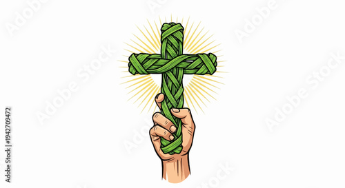 Hand holding a woven green cross with a radiant halo