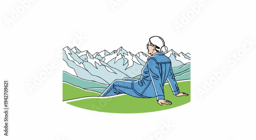 Person in blue clothing sits on a green hill, looking at snow-capped mountains