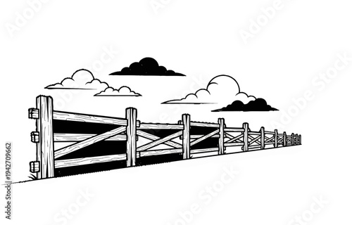Rustic wooden fence stretches into distance under cloudy sky