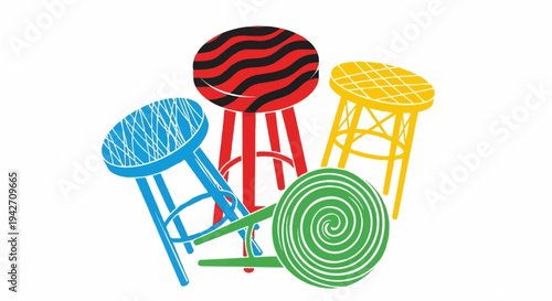 Four colorful bar stools, two with patterned seats, are arranged together