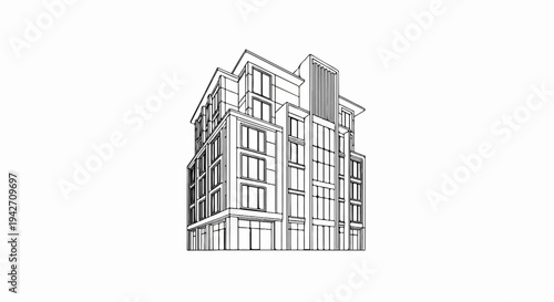 Hand-drawn sketch of a multi-story building with modern architectural design