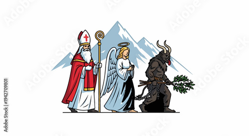 Saint Nicholas with angel and Krampus march in snow-capped mountains