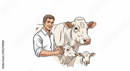 Smiling man with cattle family in stylized illustration