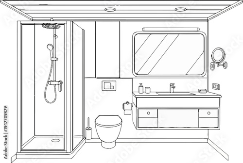 A line art depiction of a modern bathroom with shower, toilet, and vanity
