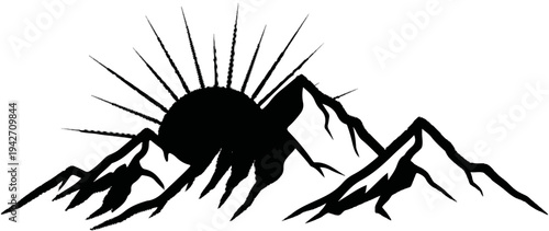 Stylized black mountain range silhouette with a sunburst rising behind peaks