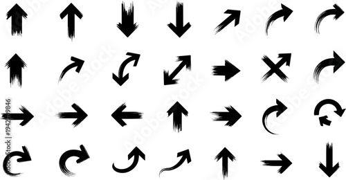 Collection of black brush stroke arrows pointing in various directions