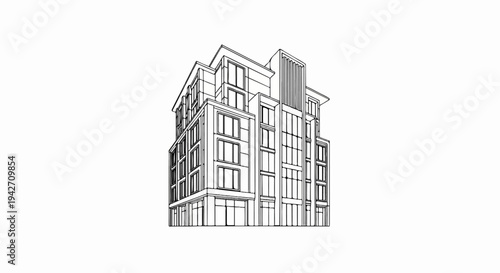 Hand-drawn sketch of a multi-story building with many windows and balconies