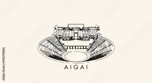 Sketch of ancient amphitheater with classical building behind