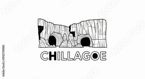 Stylized illustration of cave entrances carved into a rocky cliff face