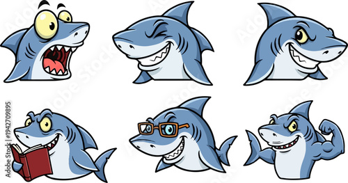 Six cartoon sharks displaying different emotions and activities