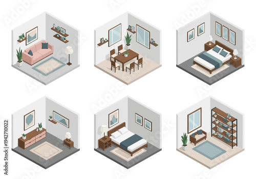 Isometric view of six different room interiors, showcasing furniture and decor in a 3D perspective