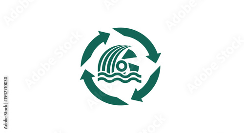 Recycling symbol with water wave and waterfall illustration.