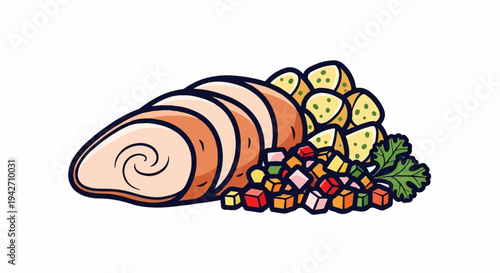 Sliced roast with roasted potatoes, diced vegetables, and garnish