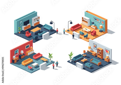 Modern Isometric Living Room Furniture Exhibition Displays with Miniature People