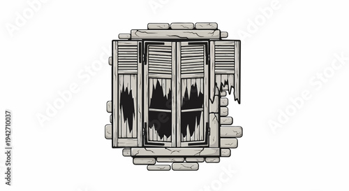 Illustration of a broken, weathered window with shutters against a stone wall