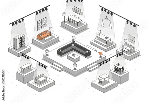 Isometric exhibition hall showcasing modular furniture arrangements and display booths with spotlights