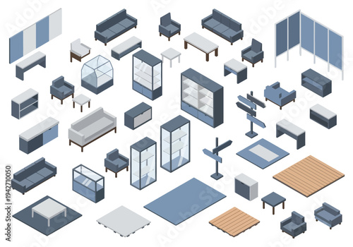 Isometric furniture and store display units collection for interior design and commercial spaces